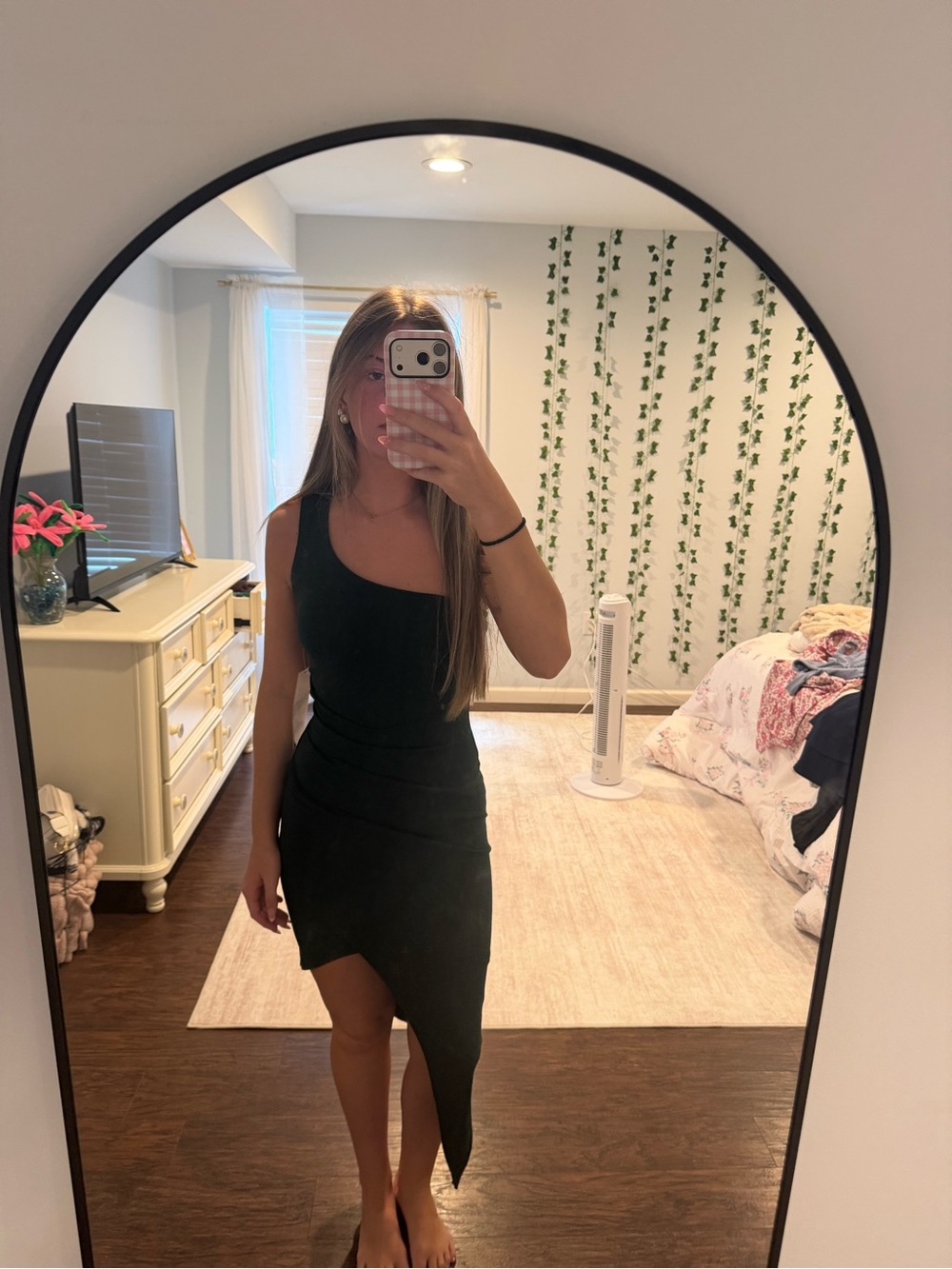 Honey and Rosie Black One-Shoulder Asymmetric Dress, dark green